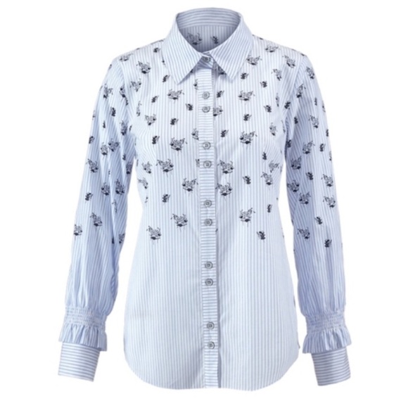 Cabi Whitney Shirt Top Button Stripe Floral Ruffle Casual Chic Blue Medium - Picture 12 of 14